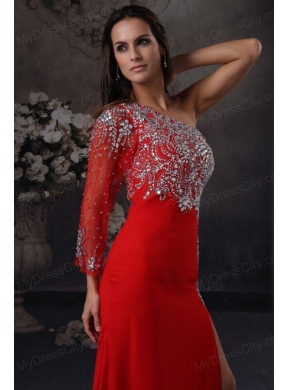 High Slit One Shoulder Red Prom Dress with Beading Long Sleeve