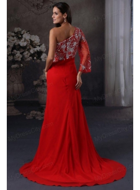 High Slit One Shoulder Red Prom Dress with Beading Long Sleeve