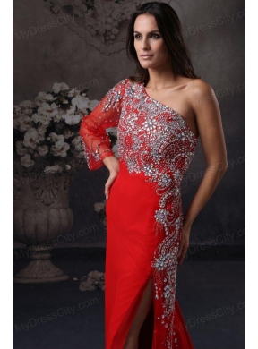 High Slit One Shoulder Red Prom Dress with Beading Long Sleeve