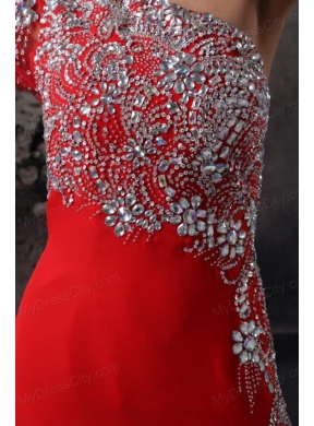 High Slit One Shoulder Red Prom Dress with Beading Long Sleeve