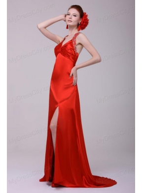 Informal Column Straps Brush Train Elastic Woven Satin Red Prom Dress with Open Back