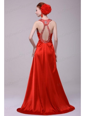 Informal Column Straps Brush Train Elastic Woven Satin Red Prom Dress with Open Back