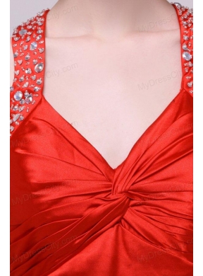 Informal Column Straps Brush Train Elastic Woven Satin Red Prom Dress with Open Back