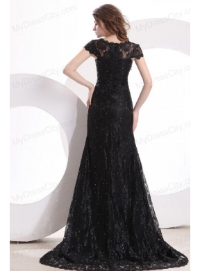 Lace Black Column V Neck Brush Train Prom Dress with Zipper Up