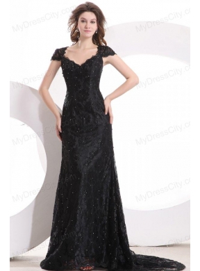 Lace Black Column V Neck Brush Train Prom Dress with Zipper Up