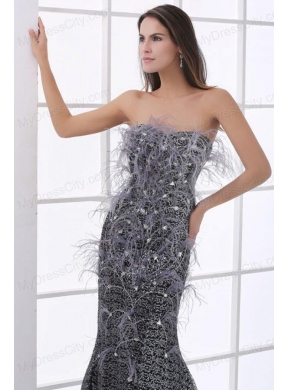 Mermaid Black Feather Strapless Sequins Brush Train Prom Dress
