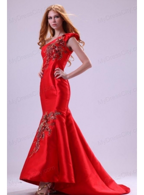 Mermaid Red One Shoulder Embroidery with Beading Prom Dress