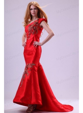 Mermaid Red One Shoulder Embroidery with Beading Prom Dress