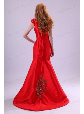 Mermaid Red One Shoulder Embroidery with Beading Prom Dress