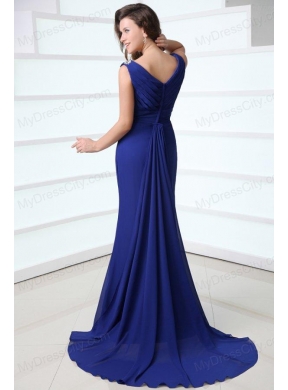 Mermaid Royal Blue V-neck Beading and Ruching Prom Dress