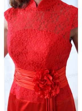 Modern Column Red Floor-length Lace Prom Dress with High Neck