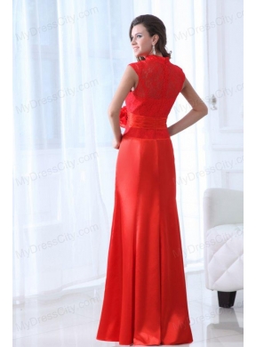 Modern Column Red Floor-length Lace Prom Dress with High Neck