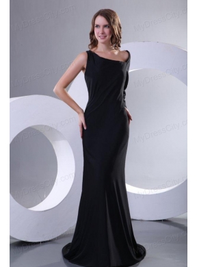 Modest Asymmetrical Black Column Sweep Train Prom Dress with Long Sleeve