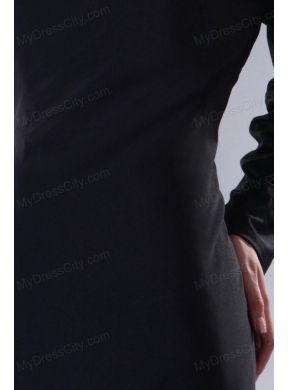 Modest Asymmetrical Black Column Sweep Train Prom Dress with Long Sleeve