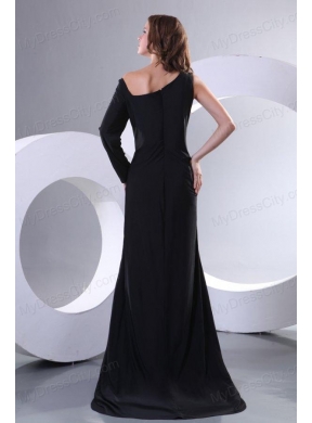 Modest Asymmetrical Black Column Sweep Train Prom Dress with Long Sleeve