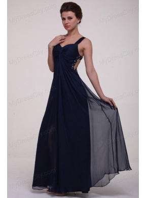 Navy Blue Empire Straps Prom Dress with Beading and Ruching