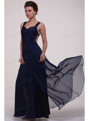 Navy Blue Empire Straps Prom Dress with Beading and Ruching