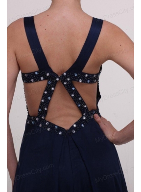 Navy Blue Empire Straps Prom Dress with Beading and Ruching