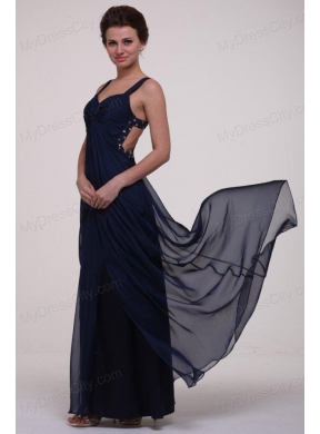 Navy Blue Empire Straps Prom Dress with Beading and Ruching