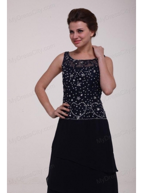 Navy Blue Scoop Prom Dress with Beading and Layers