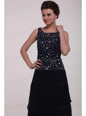 Navy Blue Scoop Prom Dress with Beading and Layers