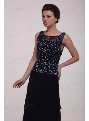 Navy Blue Scoop Prom Dress with Beading and Layers