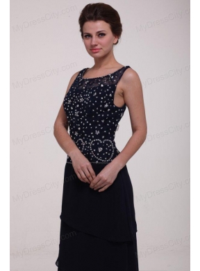 Navy Blue Scoop Prom Dress with Beading and Layers