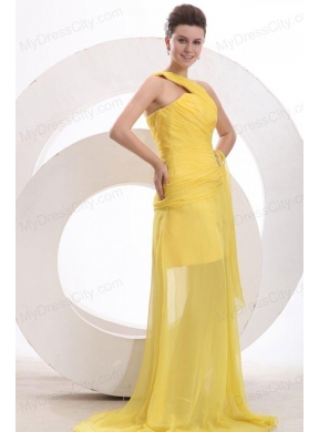 One Shoulder Chiffon Yellow Ruche Prom Dress with Watteau Train