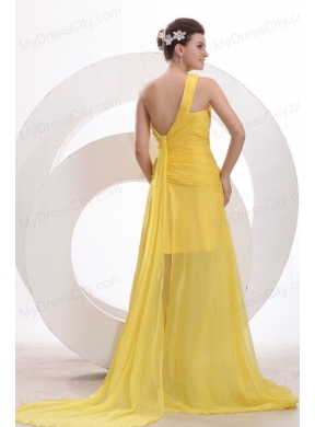 One Shoulder Chiffon Yellow Ruche Prom Dress with Watteau Train