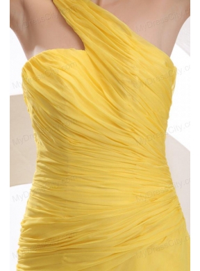 One Shoulder Chiffon Yellow Ruche Prom Dress with Watteau Train