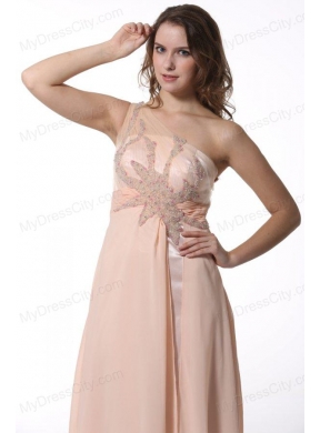 Peach Empire One Shoulder Brush Train Prom Dress with Beading