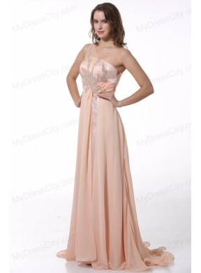 Peach Empire One Shoulder Brush Train Prom Dress with Beading