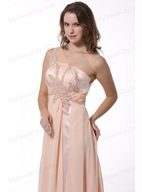 Peach Empire One Shoulder Brush Train Prom Dress with Beading