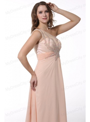 Peach Empire One Shoulder Brush Train Prom Dress with Beading