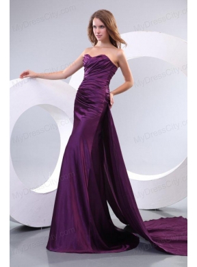 Popular Column Sweetheart Watteau Train Purple Side Zipper Prom Dress with Ruching