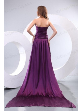 Popular Column Sweetheart Watteau Train Purple Side Zipper Prom Dress with Ruching