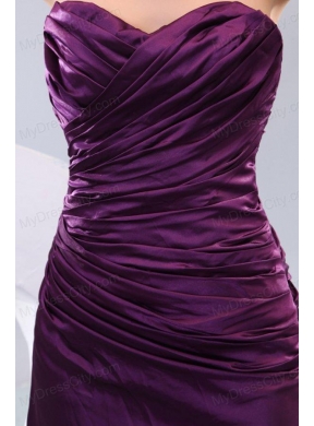 Popular Column Sweetheart Watteau Train Purple Side Zipper Prom Dress with Ruching