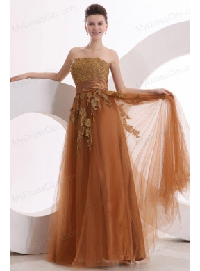 Popular Strapless Empire Floor-length Appliques Prom Dress in Brown