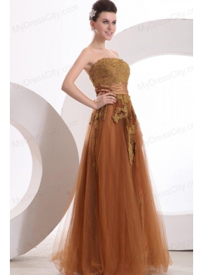 Popular Strapless Empire Floor-length Appliques Prom Dress in Brown