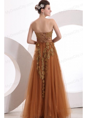 Popular Strapless Empire Floor-length Appliques Prom Dress in Brown