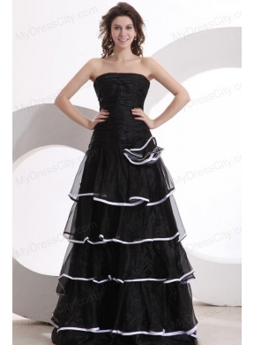 Princess Strapless Ruffled Layers Black Organza Floor-length Prom Dress