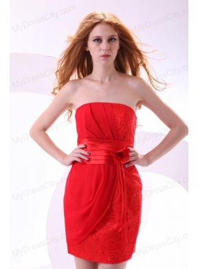 Red Column Strapless Mini-length Taffeta Beading Ruching Prom Dress