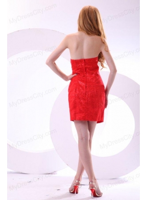 Red Column Strapless Mini-length Taffeta Beading Ruching Prom Dress