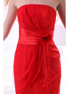 Red Column Strapless Mini-length Taffeta Beading Ruching Prom Dress