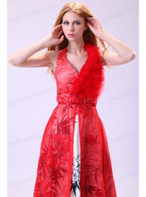 Red Empire Halter Long Beading Chiffon 2014 Prom Dress