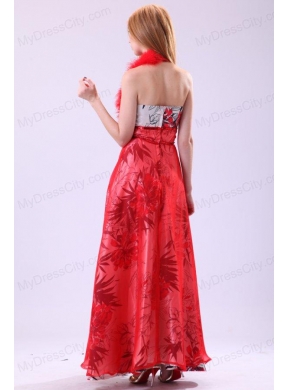 Red Empire Halter Long Beading Chiffon 2014 Prom Dress