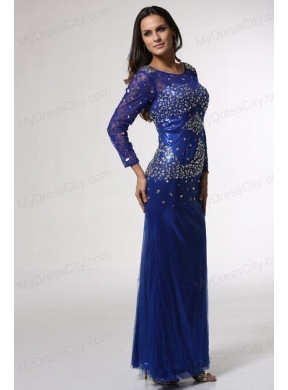 Royal Blue Column Scoop Beaded Prom Dress with Long Sleeves