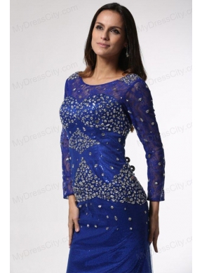 Royal Blue Column Scoop Beaded Prom Dress with Long Sleeves