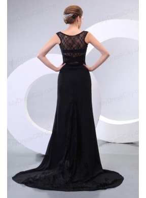 Scoop Black Chiffon and Lace Court Train Prom Dress for Evening Party