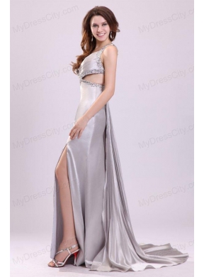 Sexy Column V neck Grey Watteau Train Beading Elastic Woven Satin Prom Dress with Criss Cross